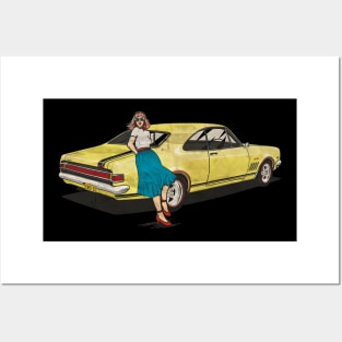 vintage yellow car and woman Posters and Art